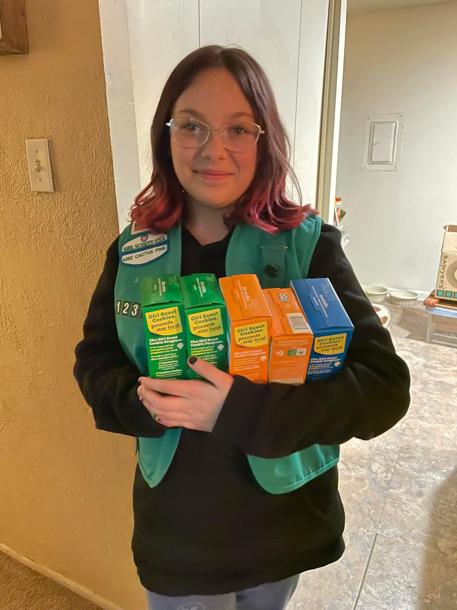 Hey friends.  It’s a rather hard time right now and today I got a little ray of sunshine because my dealer oh I mean my Girl Scout, arrived today with my cookies. And that makes me happy. If you don’t have your cookies yet, you can find information on how to get these on her daddy‘s Facebook page, Jim Fierro. Thank you, Lila. You are amazing ￼￼￼